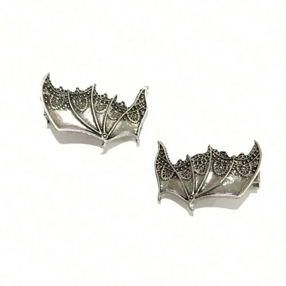 Vintage inspired Gothic pair Batwing Hair Clips, Antique Silver Tone, engraved